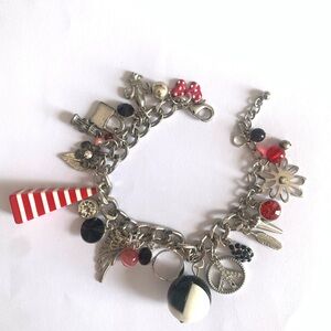 Silver-Tone Red & Black Charm Bracelet with Peace Sign